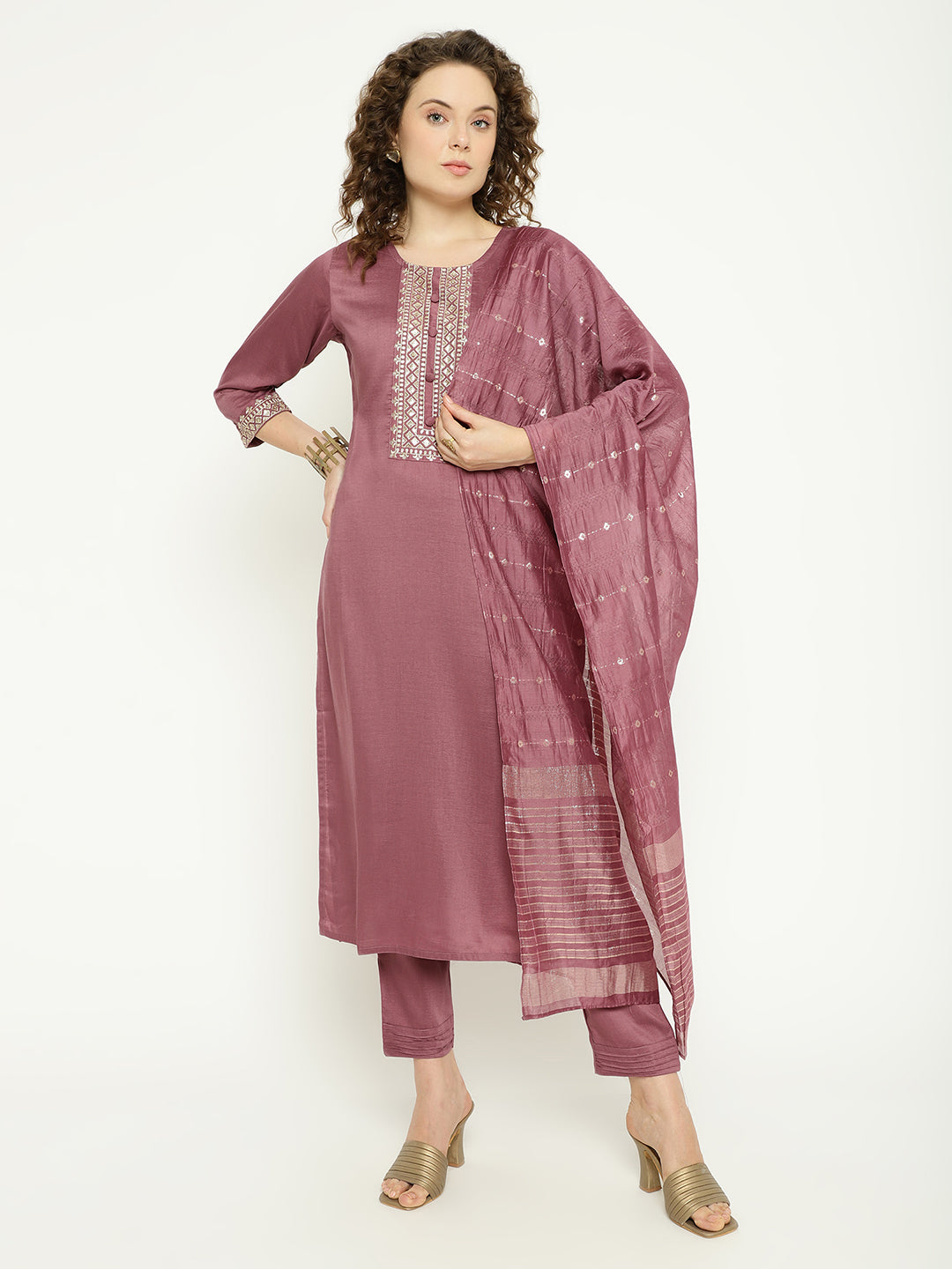 Chinnon Kurta Pant Set with Woven Dupatta