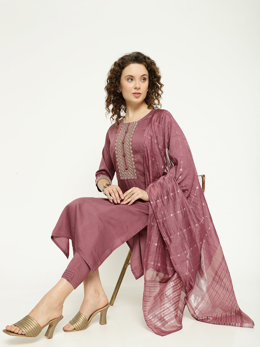 Chinnon Kurta Pant Set with Woven Dupatta