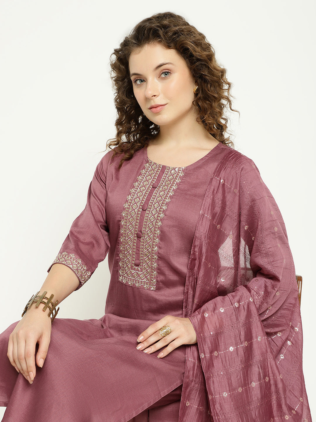 Chinnon Kurta Pant Set with Woven Dupatta