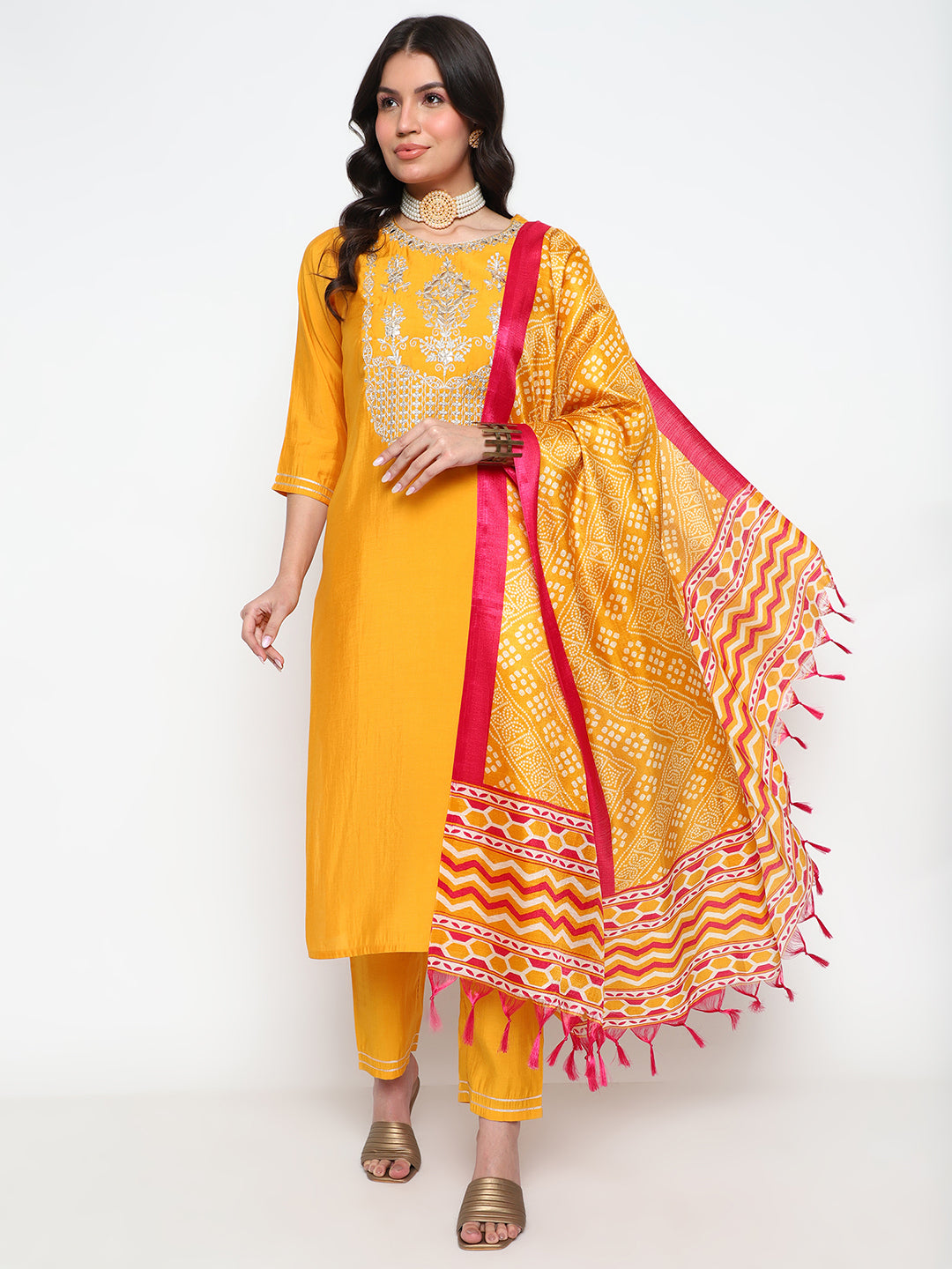 Yellow Viscose Blend Kurta Pant Set with Printed Tassel Dupatta