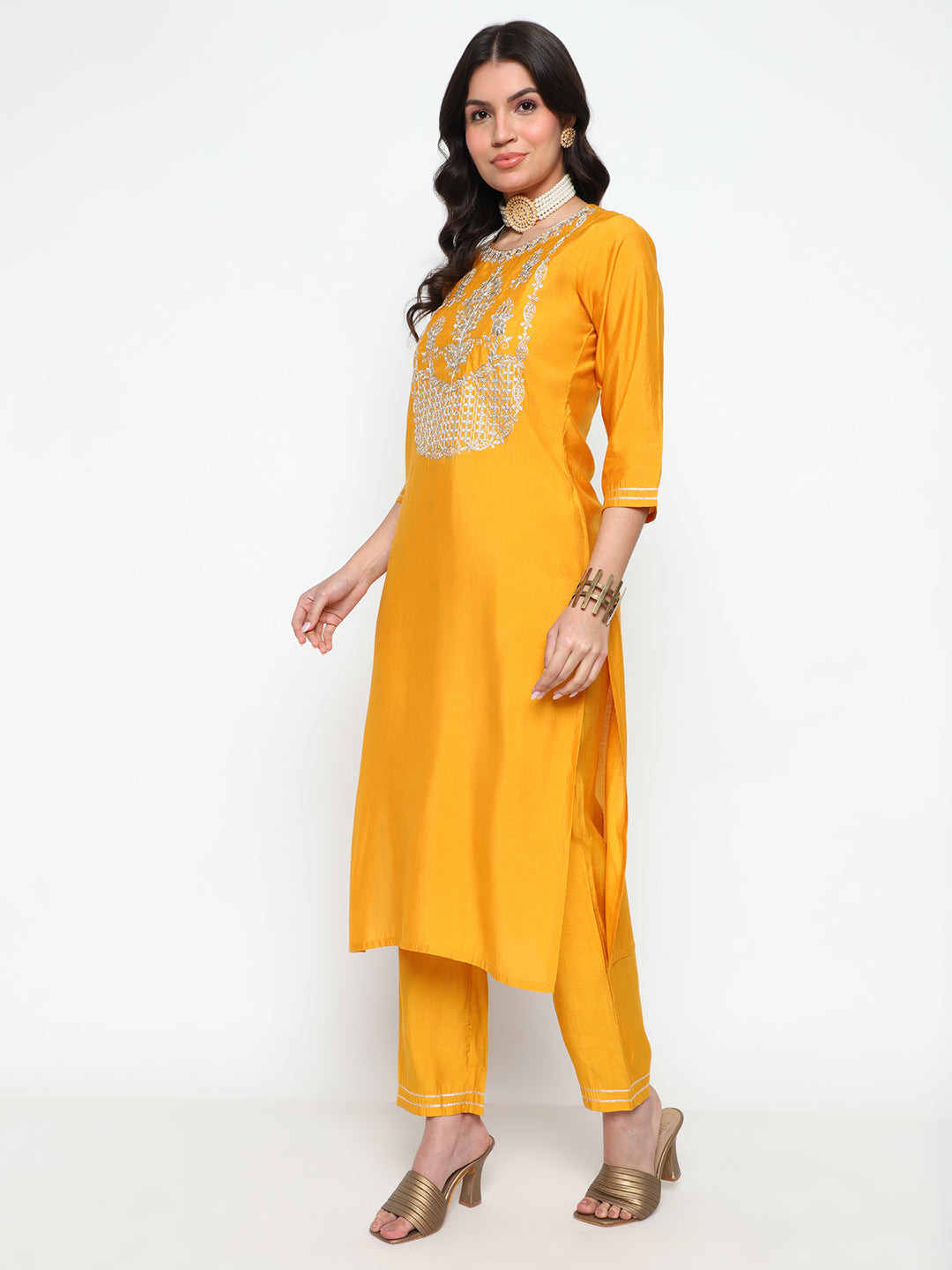 Yellow Viscose Blend Kurta Pant Set with Printed Tassel Dupatta