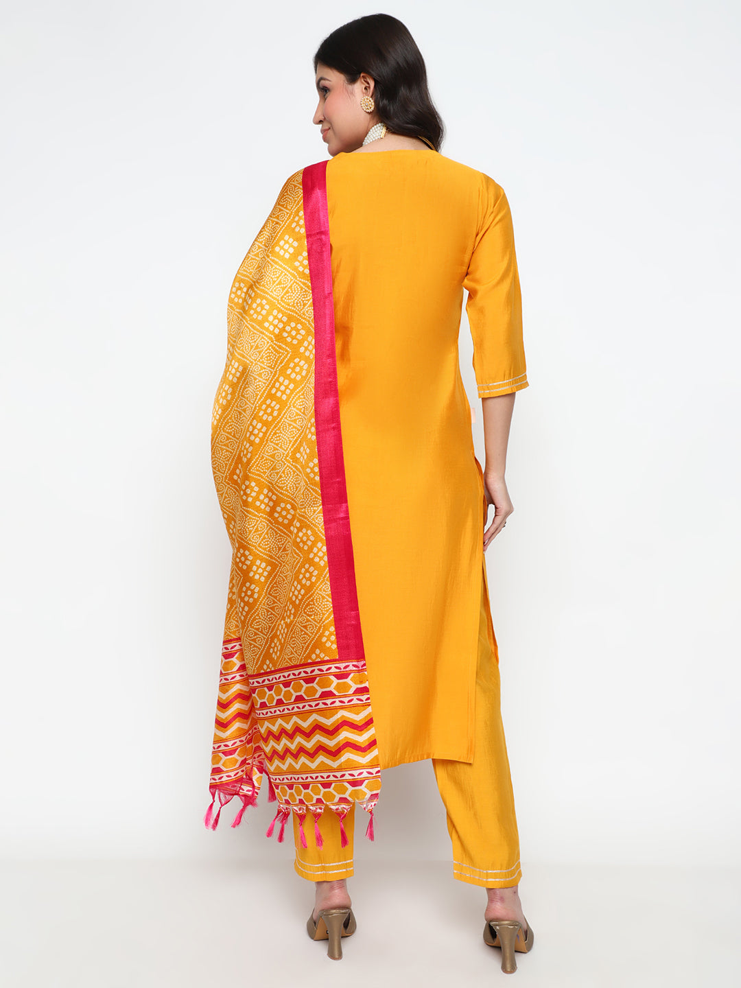 Yellow Viscose Blend Kurta Pant Set with Printed Tassel Dupatta