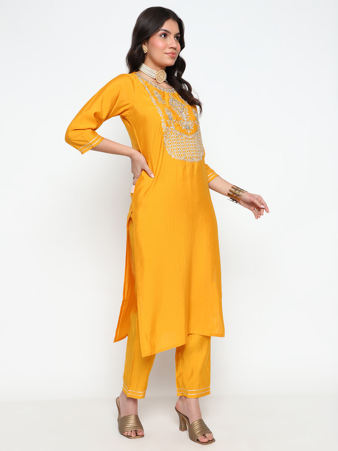 Yellow Viscose Blend Kurta Pant Set with Printed Tassel Dupatta