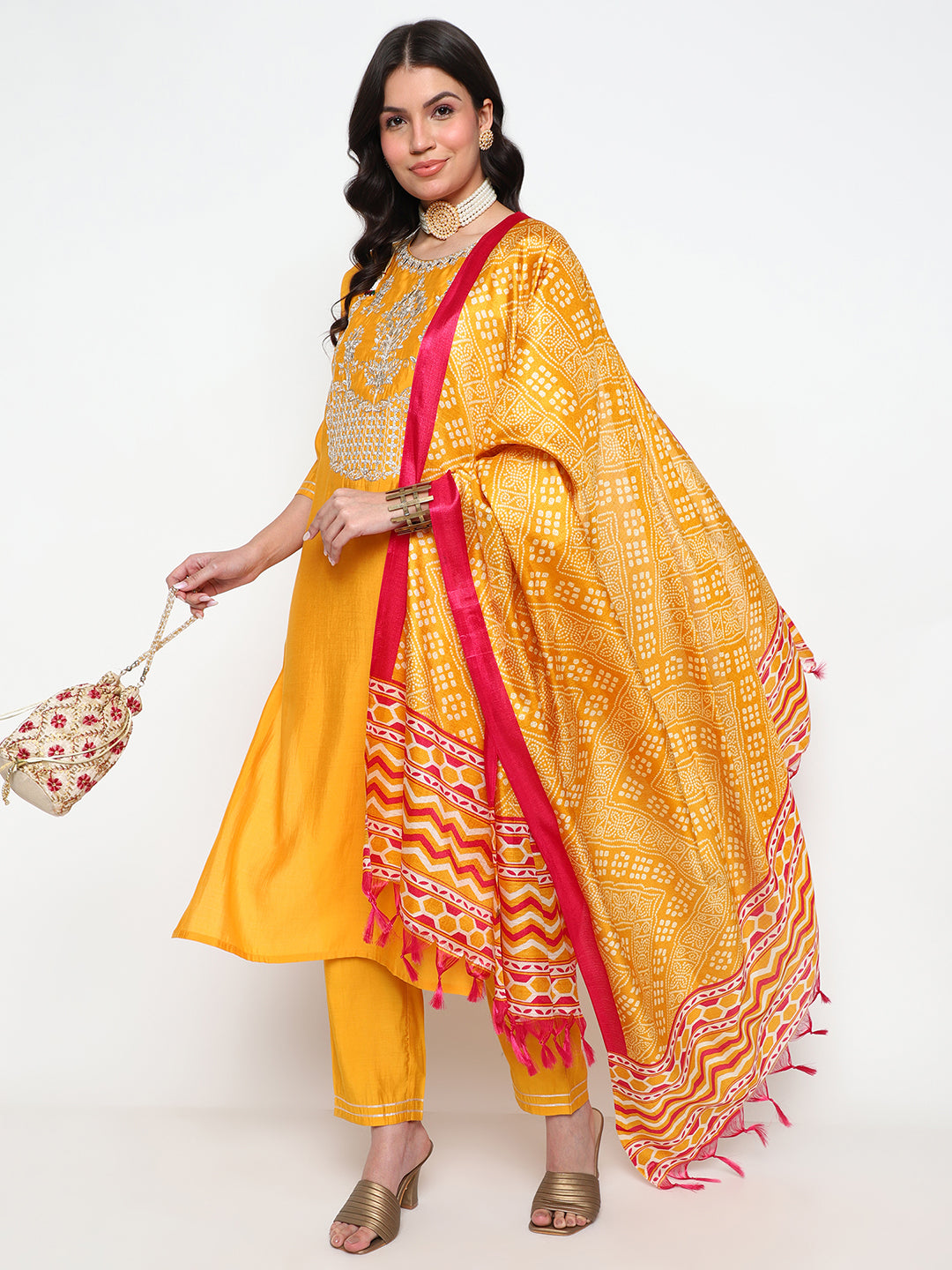 Yellow Viscose Blend Kurta Pant Set with Printed Tassel Dupatta