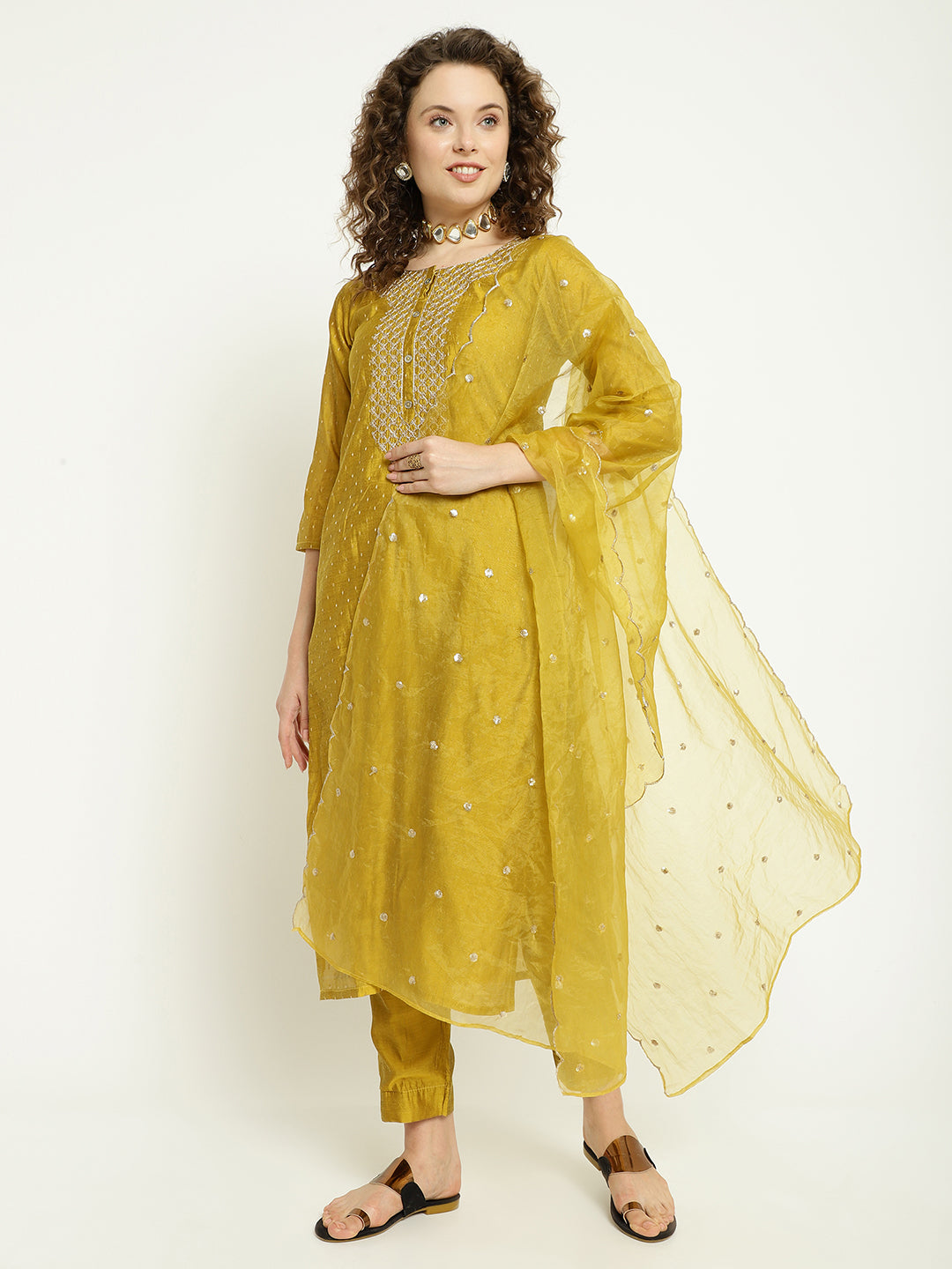 Mustard Gold Chanderi Kurta Pant Set with Embellished Dupatta