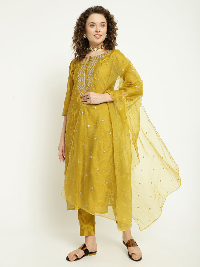 Mustard Gold Chanderi Kurta Pant Set with Embellished Dupatta