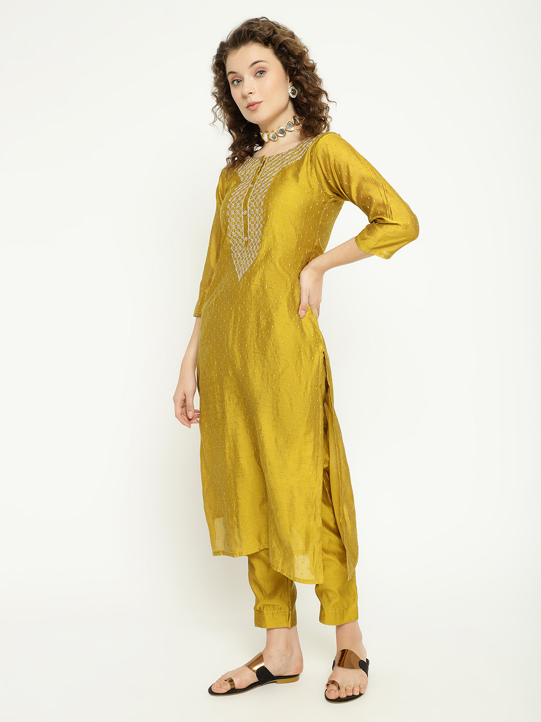 Mustard Gold Chanderi Kurta Pant Set with Embellished Dupatta