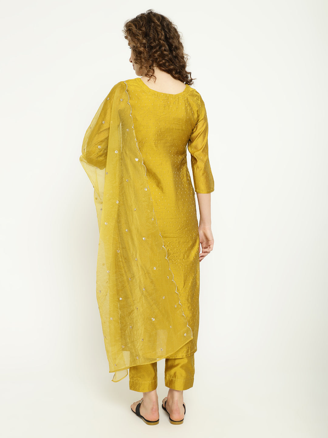Mustard Gold Chanderi Kurta Pant Set with Embellished Dupatta