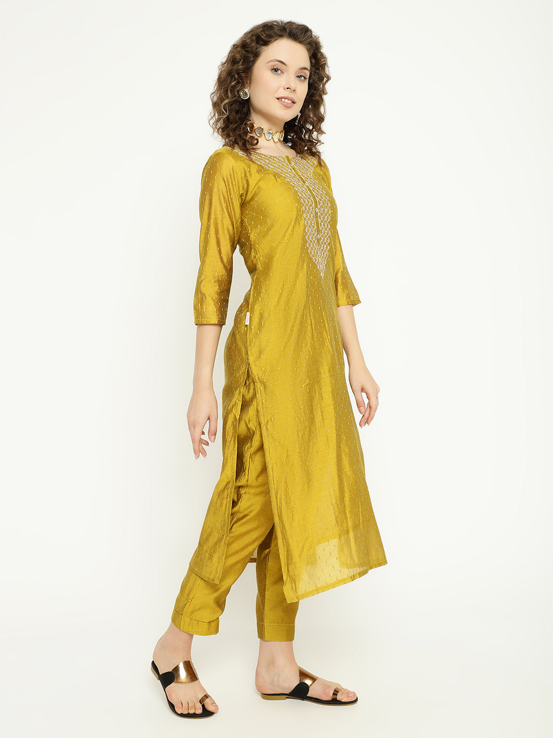 Mustard Gold Chanderi Kurta Pant Set with Embellished Dupatta