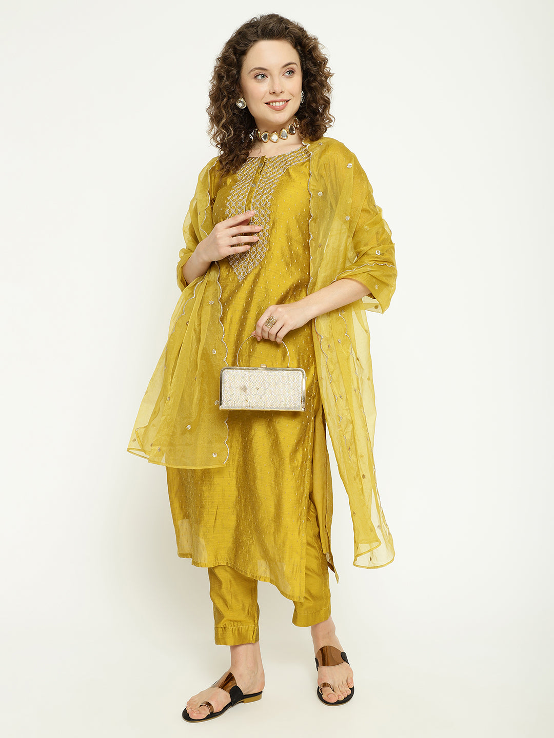 Mustard Gold Chanderi Kurta Pant Set with Embellished Dupatta