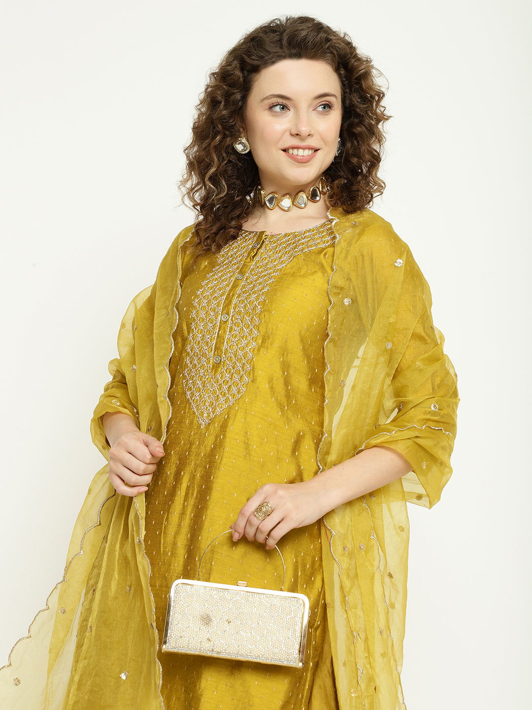 Mustard Gold Chanderi Kurta Pant Set with Embellished Dupatta