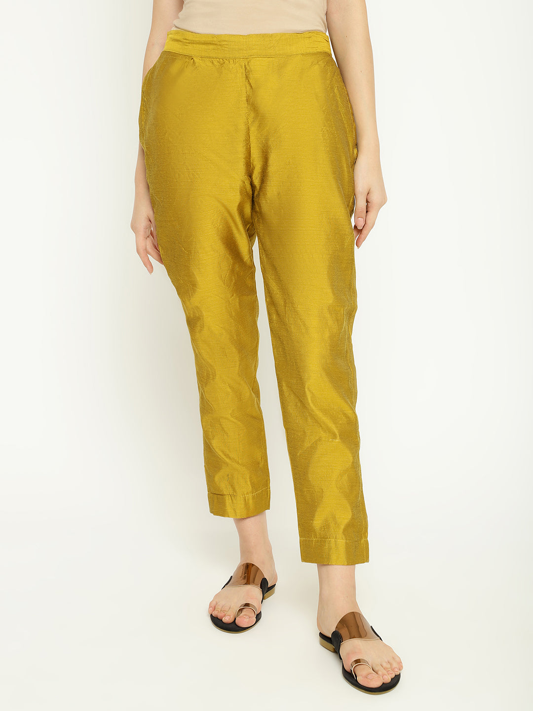 Mustard Gold Chanderi Kurta Pant Set with Embellished Dupatta