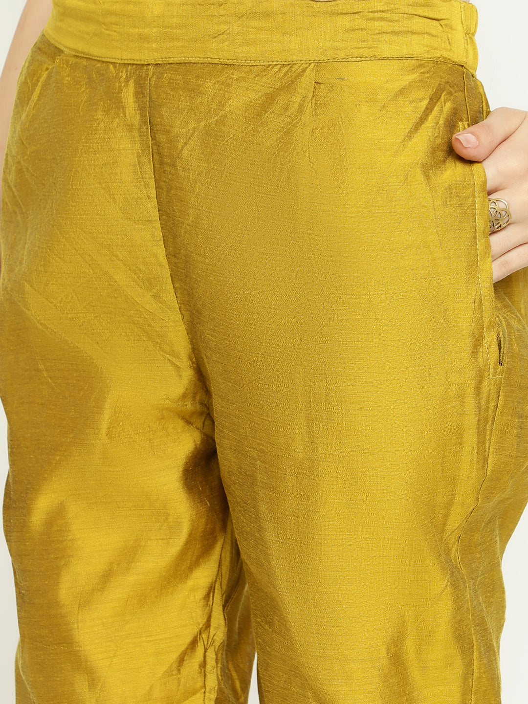 Mustard Gold Chanderi Kurta Pant Set with Embellished Dupatta