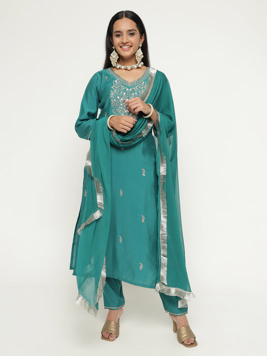 Teal Blue Embroidered Art Silk Kurta Set with Fringed Dupatta