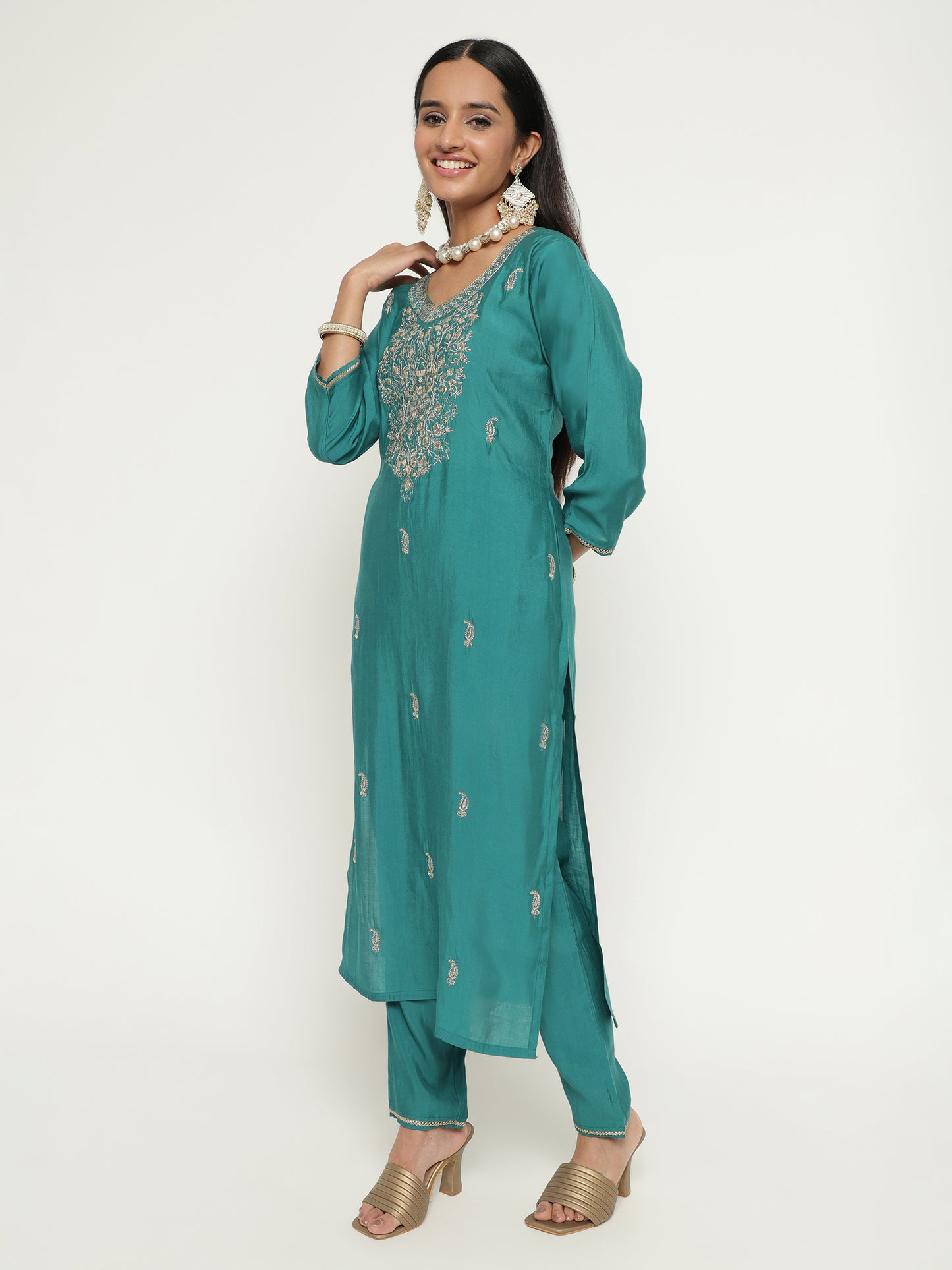 Teal Blue Embroidered Art Silk Kurta Set with Fringed Dupatta
