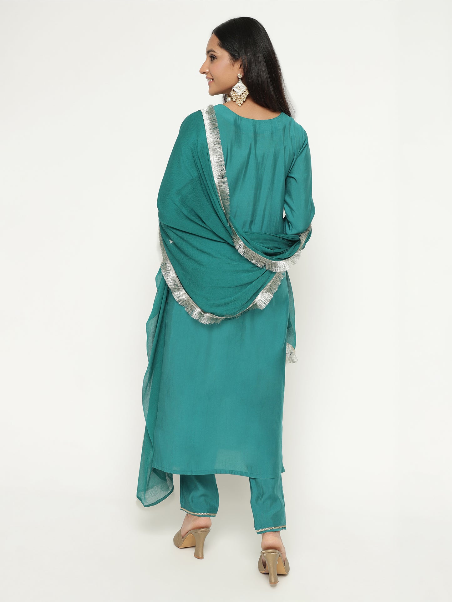 Teal Blue Embroidered Art Silk Kurta Set with Fringed Dupatta