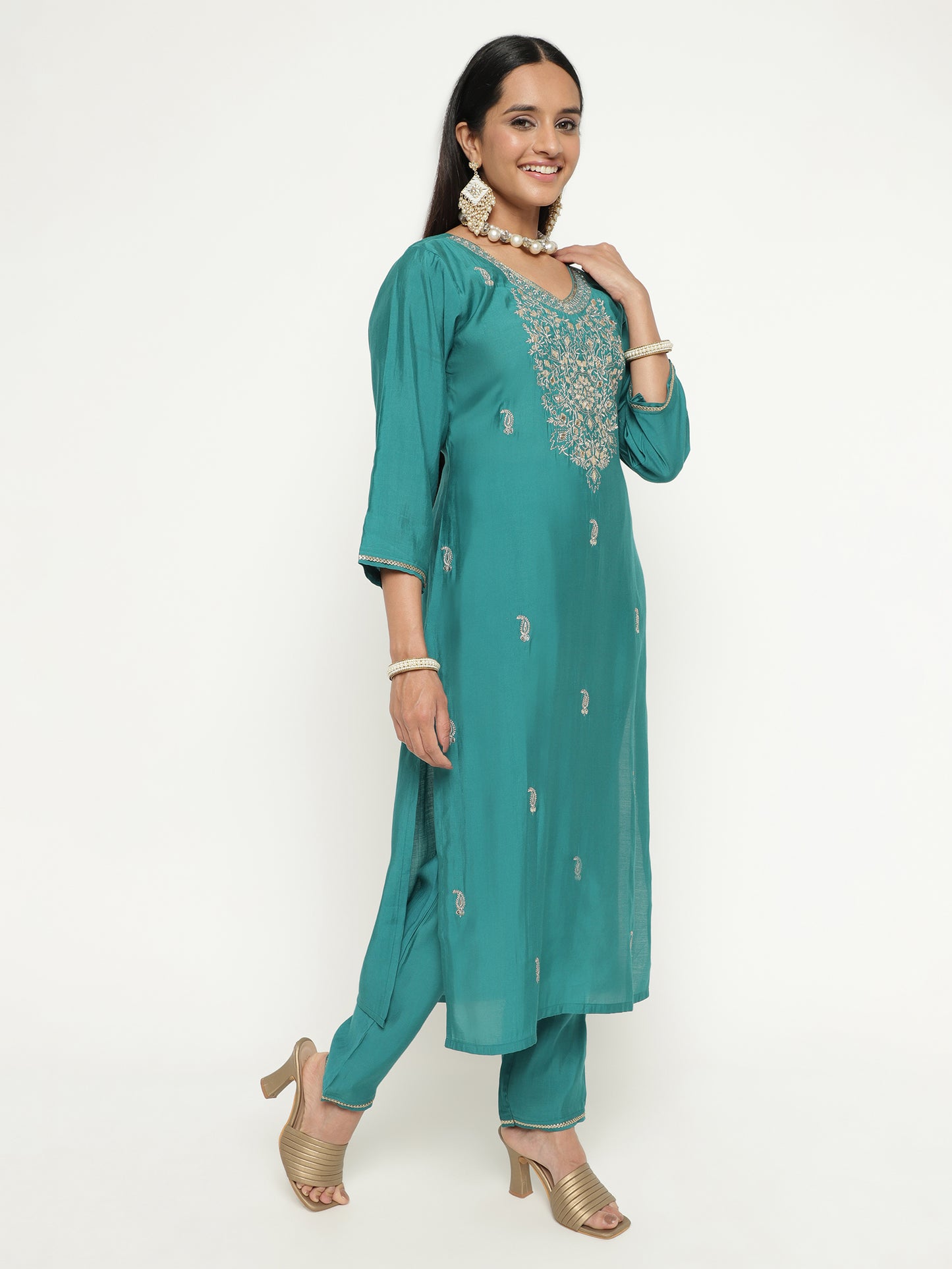 Teal Blue Embroidered Art Silk Kurta Set with Fringed Dupatta
