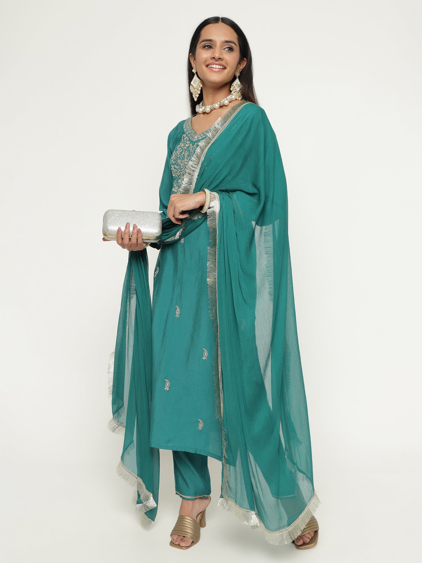 Teal Blue Embroidered Art Silk Kurta Set with Fringed Dupatta