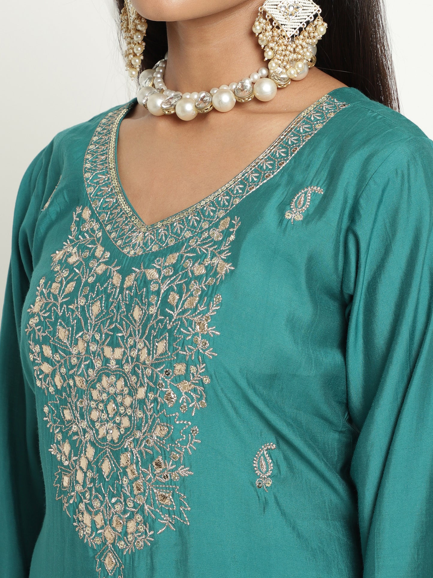 Teal Blue Embroidered Art Silk Kurta Set with Fringed Dupatta