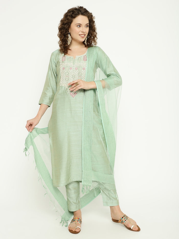 Embroidered Magic Cotton Kurta Pant Set with Dupatta