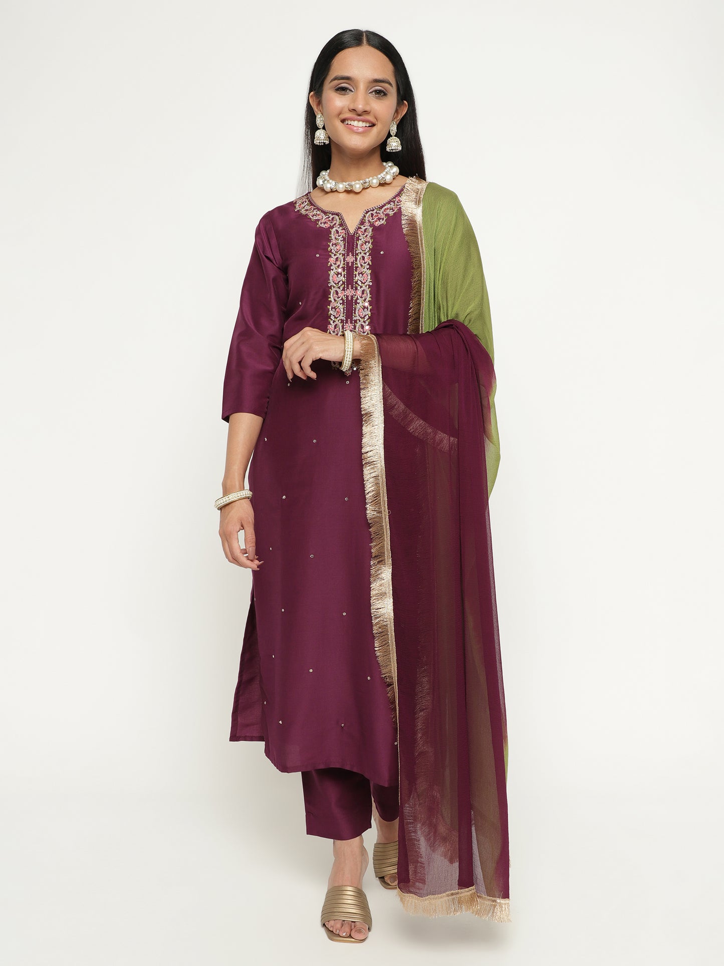 Wine Purple Art Silk Embroidered Kurta Pant Set with Dual Tone Dupatta