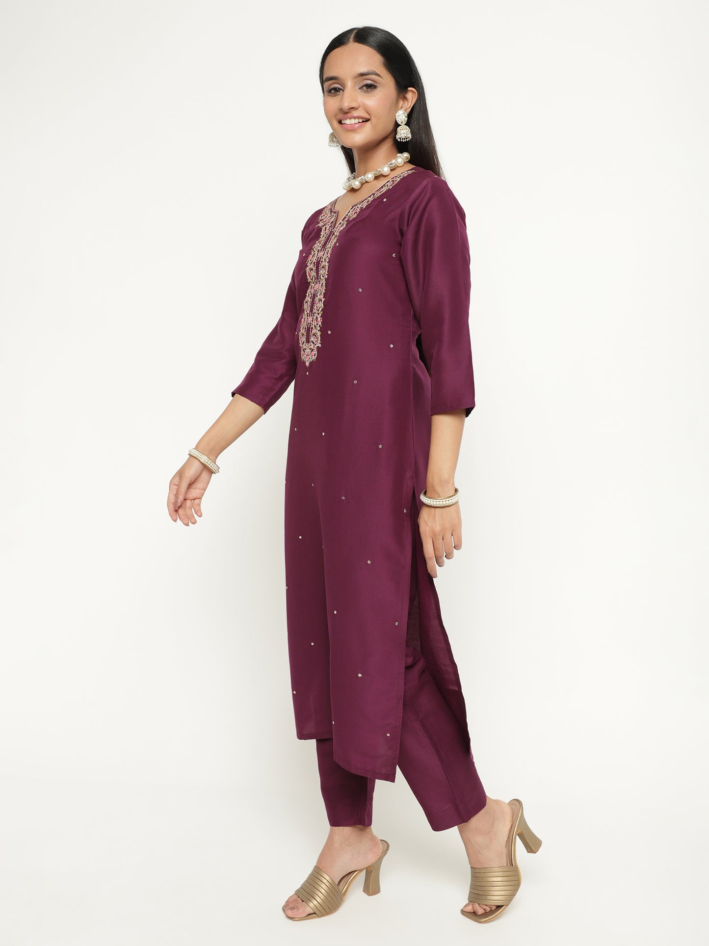 Wine Purple Art Silk Embroidered Kurta Pant Set with Dual Tone Dupatta