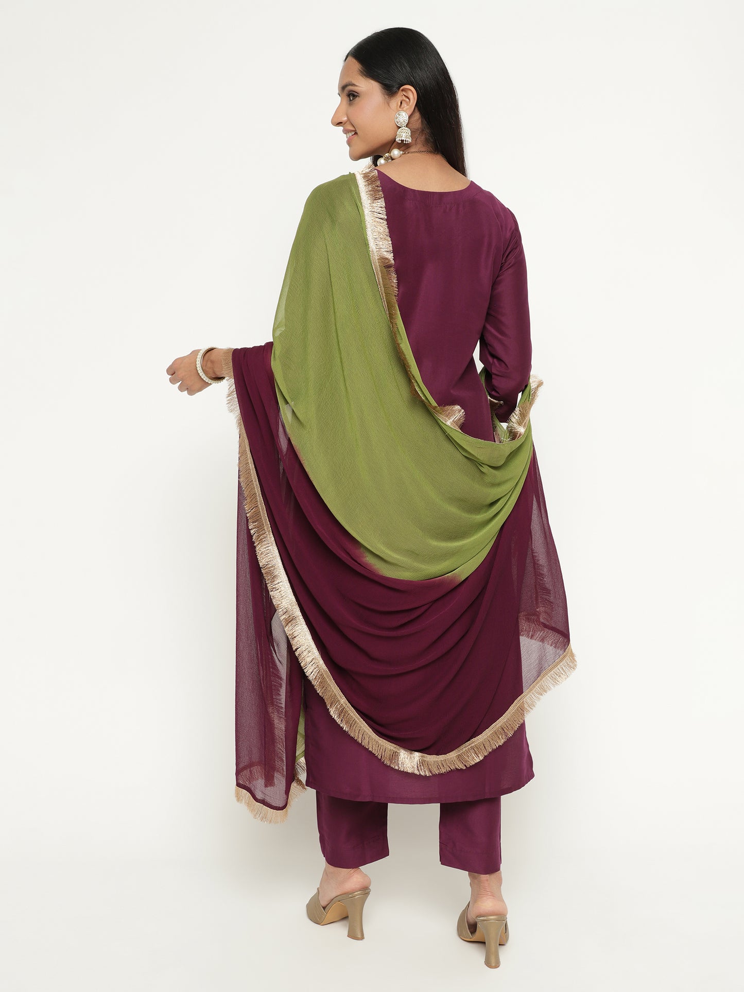 Wine Purple Art Silk Embroidered Kurta Pant Set with Dual Tone Dupatta