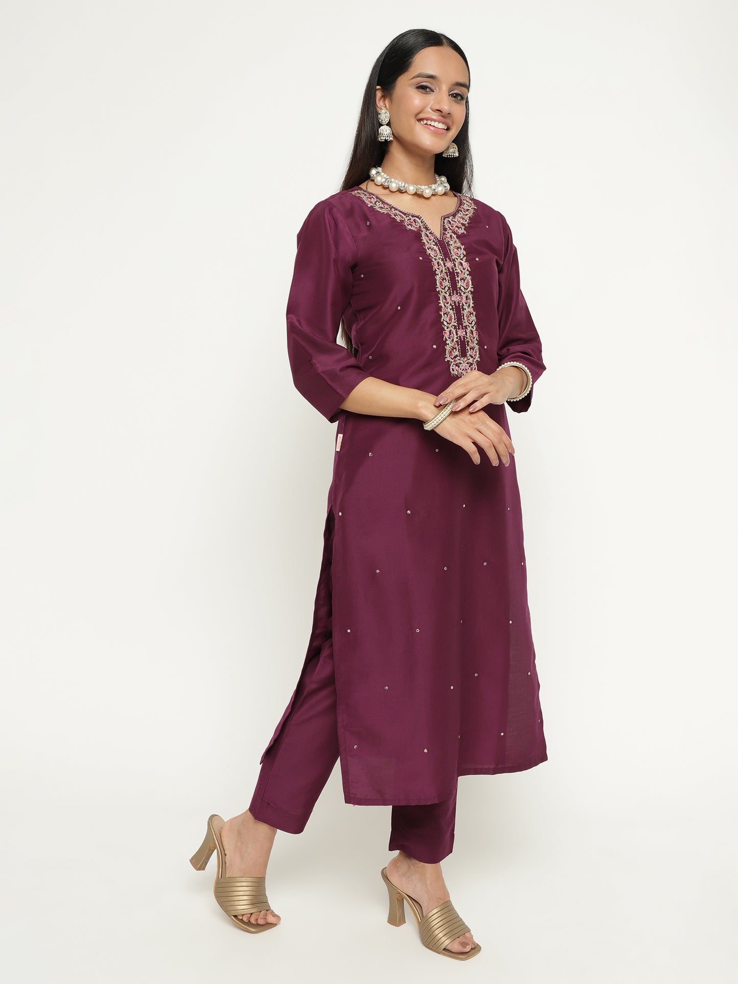 Wine Purple Art Silk Embroidered Kurta Pant Set with Dual Tone Dupatta
