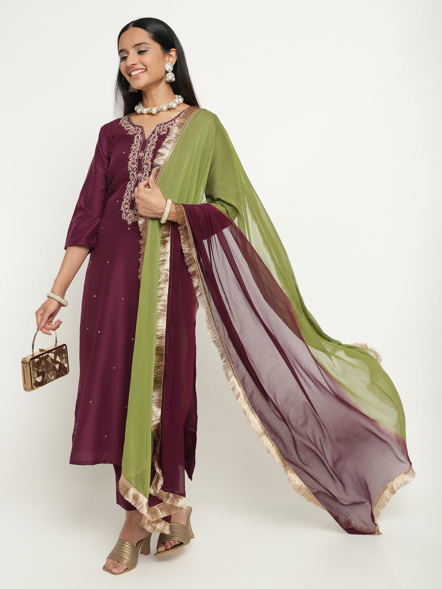 Wine Purple Art Silk Embroidered Kurta Pant Set with Dual Tone Dupatta