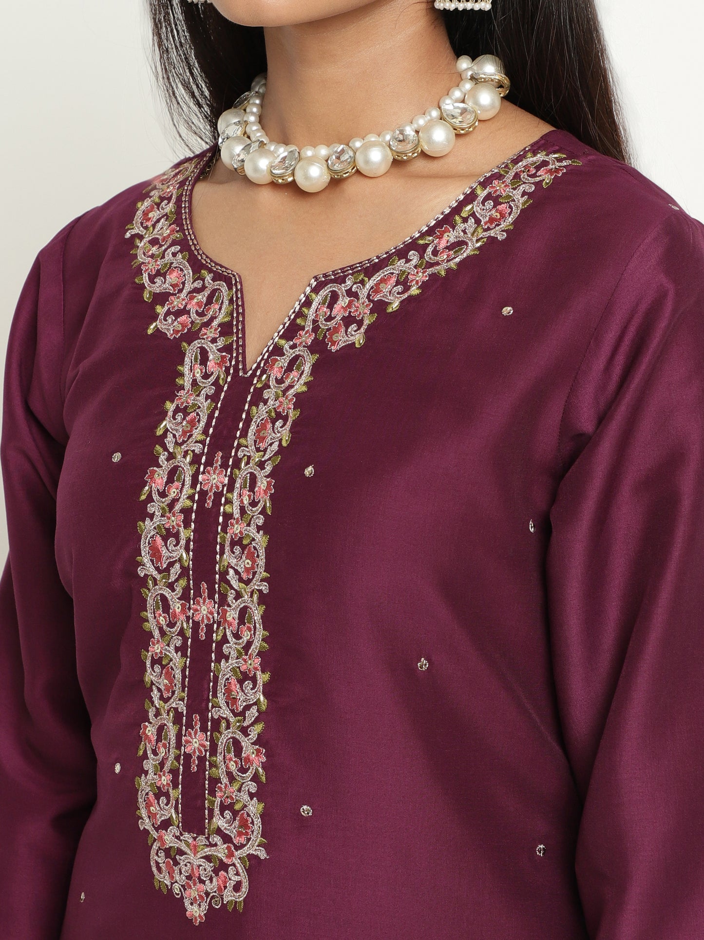 Wine Purple Art Silk Embroidered Kurta Pant Set with Dual Tone Dupatta