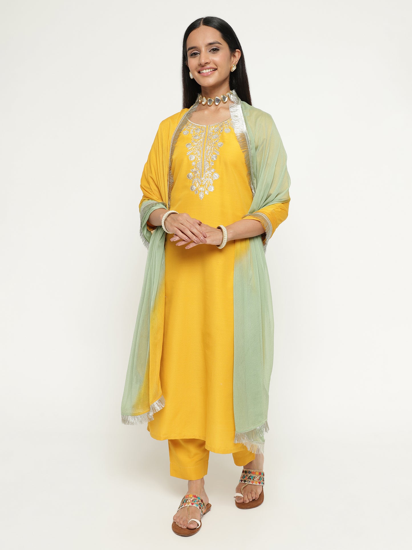 Sunshine Yellow Slub Embroidered Kurta Pant Set with Dual Tone Dupatta