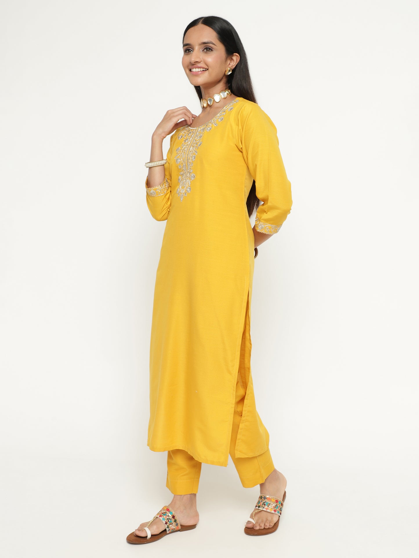 Sunshine Yellow Slub Embroidered Kurta Pant Set with Dual Tone Dupatta
