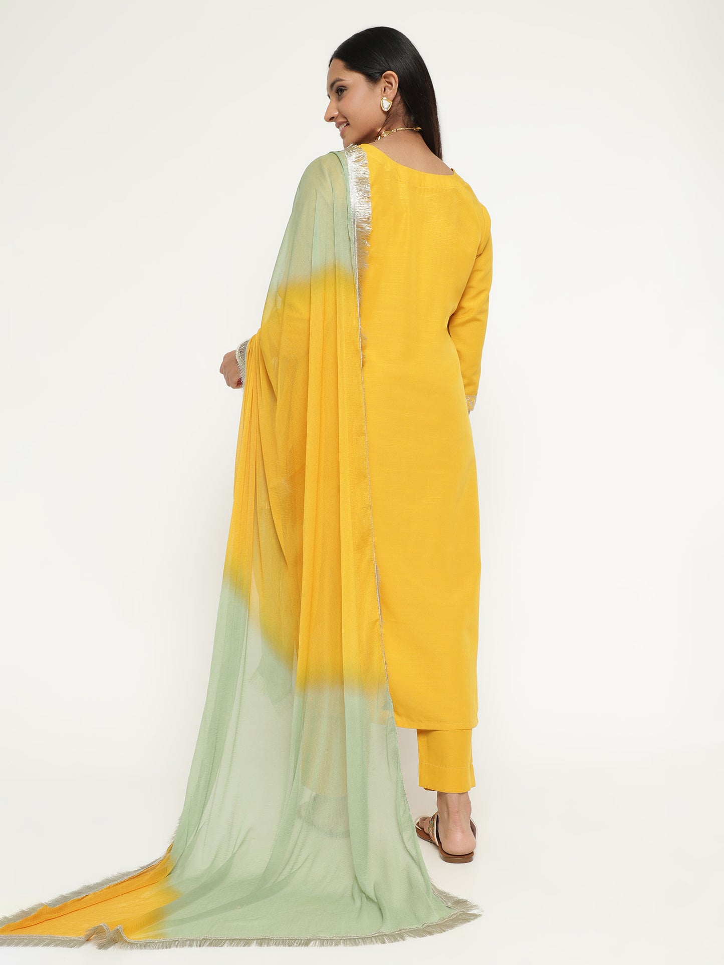 Sunshine Yellow Slub Embroidered Kurta Pant Set with Dual Tone Dupatta