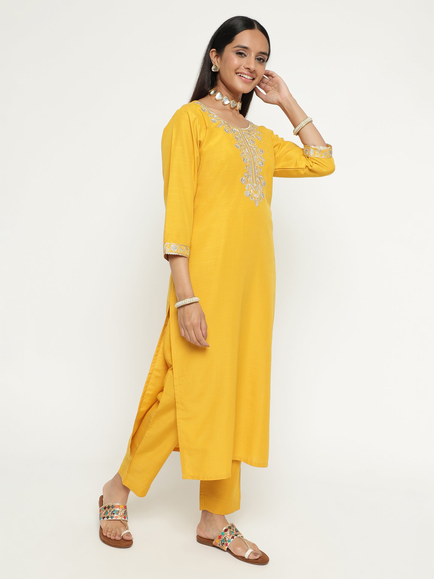 Sunshine Yellow Slub Embroidered Kurta Pant Set with Dual Tone Dupatta
