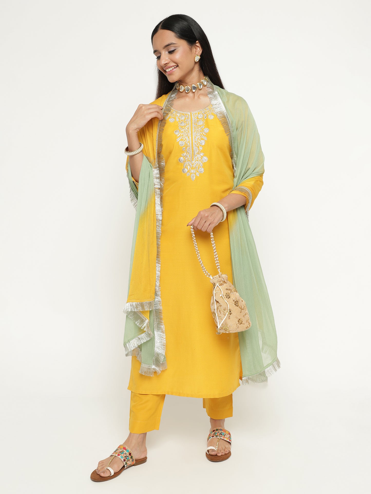 Sunshine Yellow Slub Embroidered Kurta Pant Set with Dual Tone Dupatta