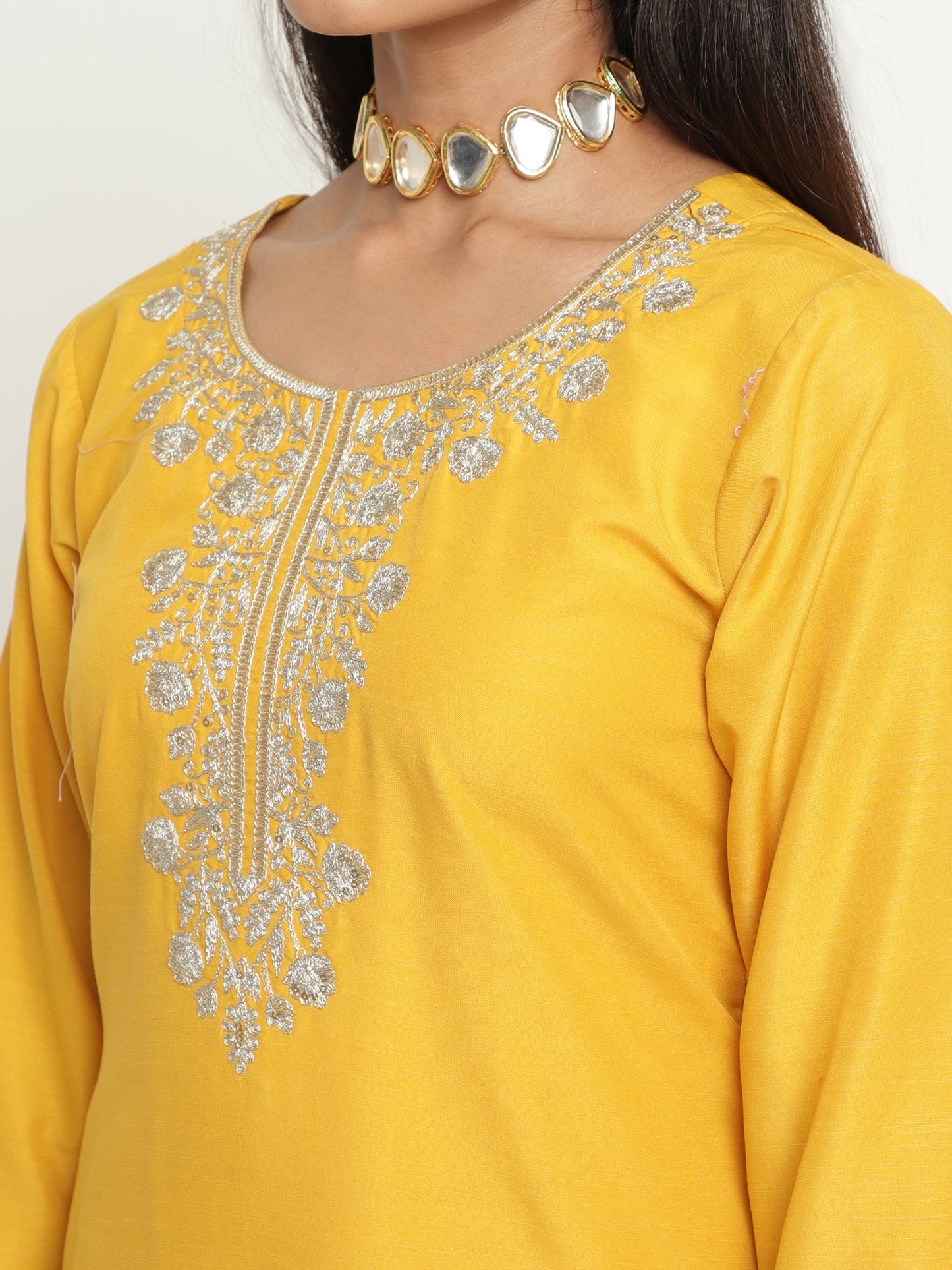 Sunshine Yellow Slub Embroidered Kurta Pant Set with Dual Tone Dupatta