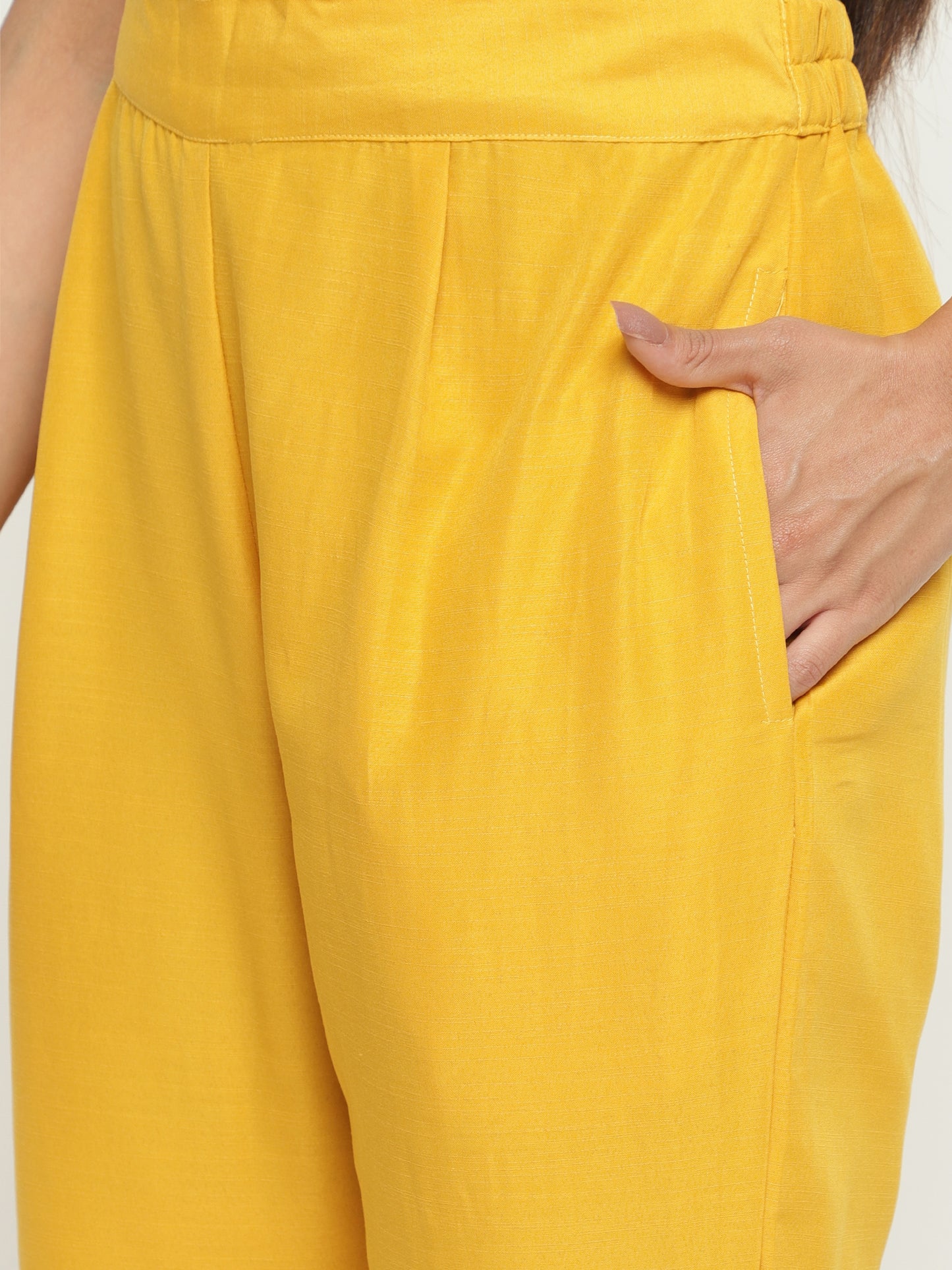 Sunshine Yellow Slub Embroidered Kurta Pant Set with Dual Tone Dupatta