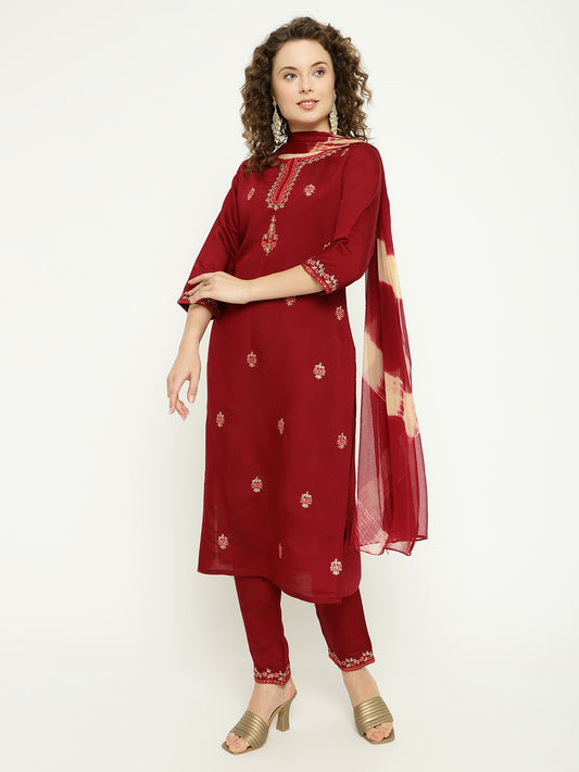 Ruby Red Art Silk Embroidered Kurta Pant Set with  Dupatta