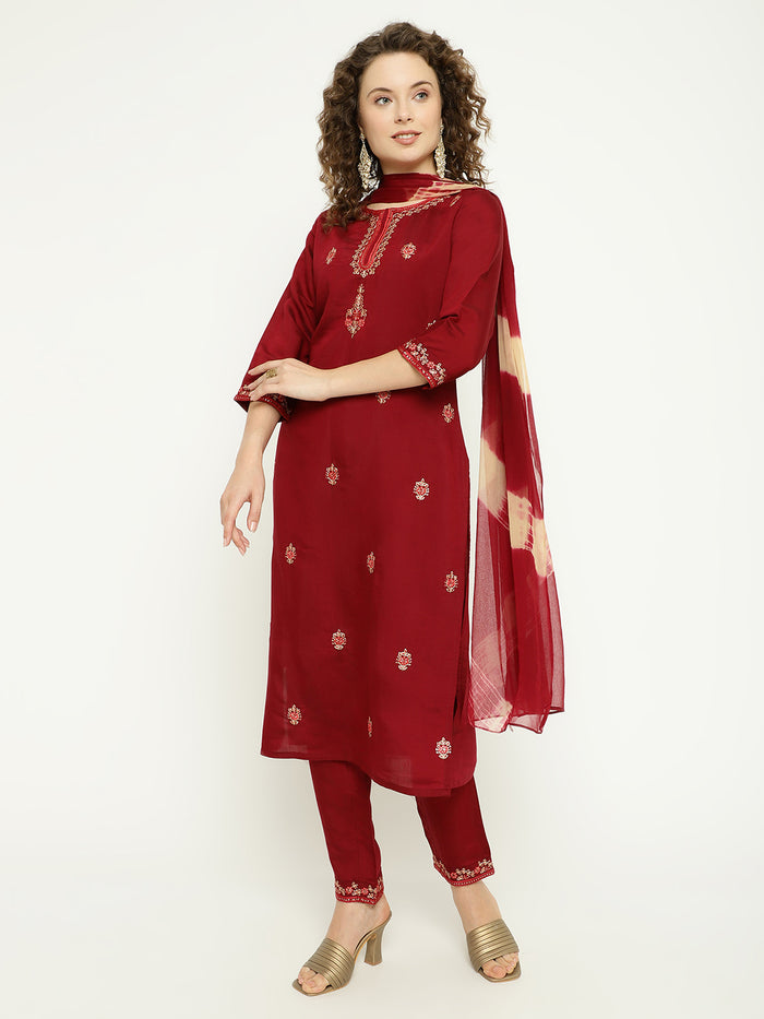 Ruby Red Art Silk Embroidered Kurta Pant Set with  Dupatta