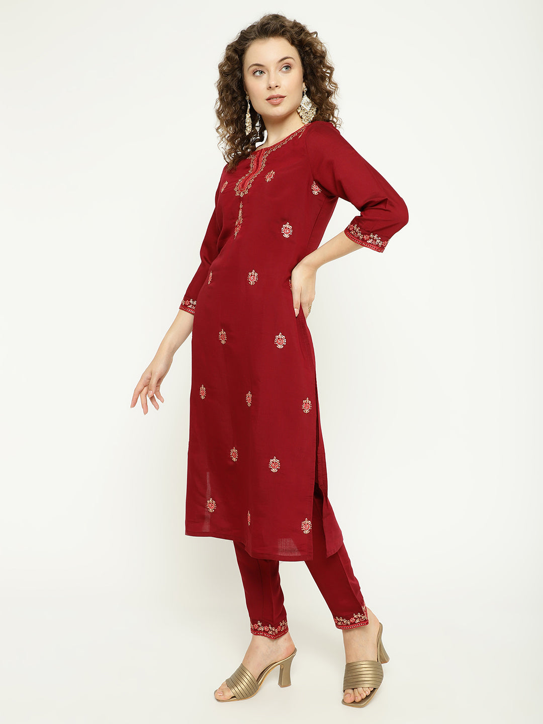 Ruby Red Art Silk Embroidered Kurta Pant Set with  Dupatta