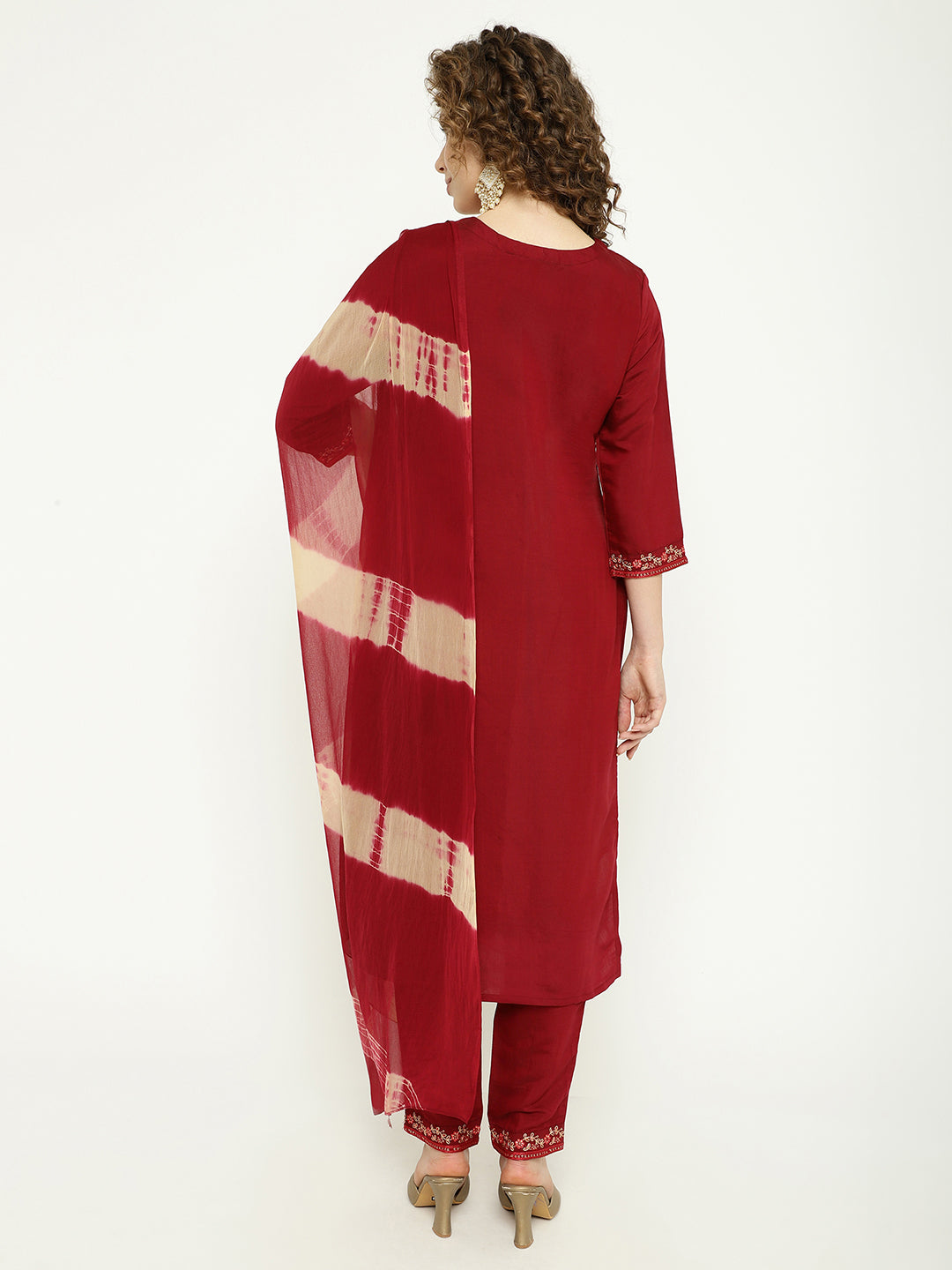 Ruby Red Art Silk Embroidered Kurta Pant Set with  Dupatta