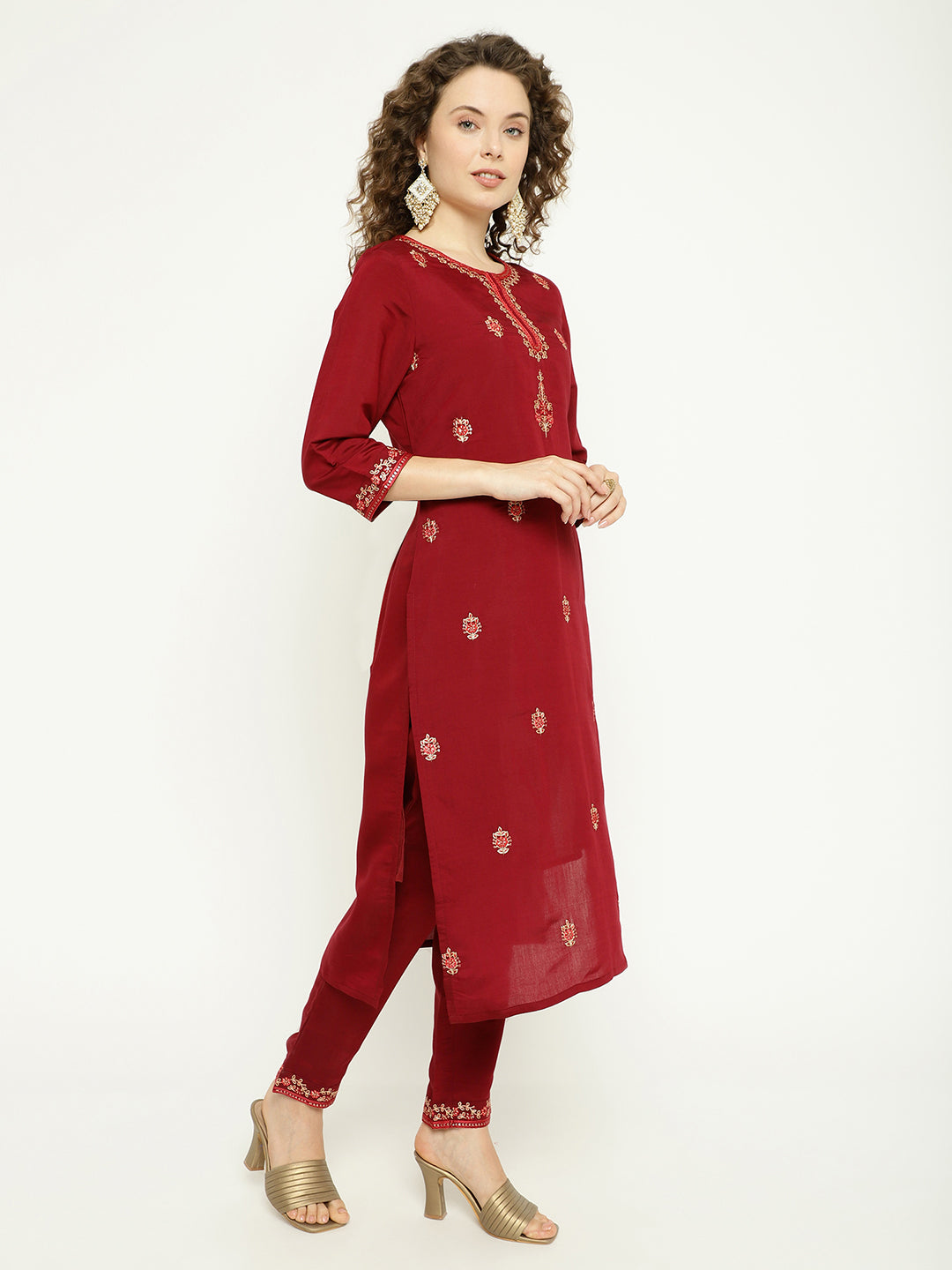 Ruby Red Art Silk Embroidered Kurta Pant Set with  Dupatta