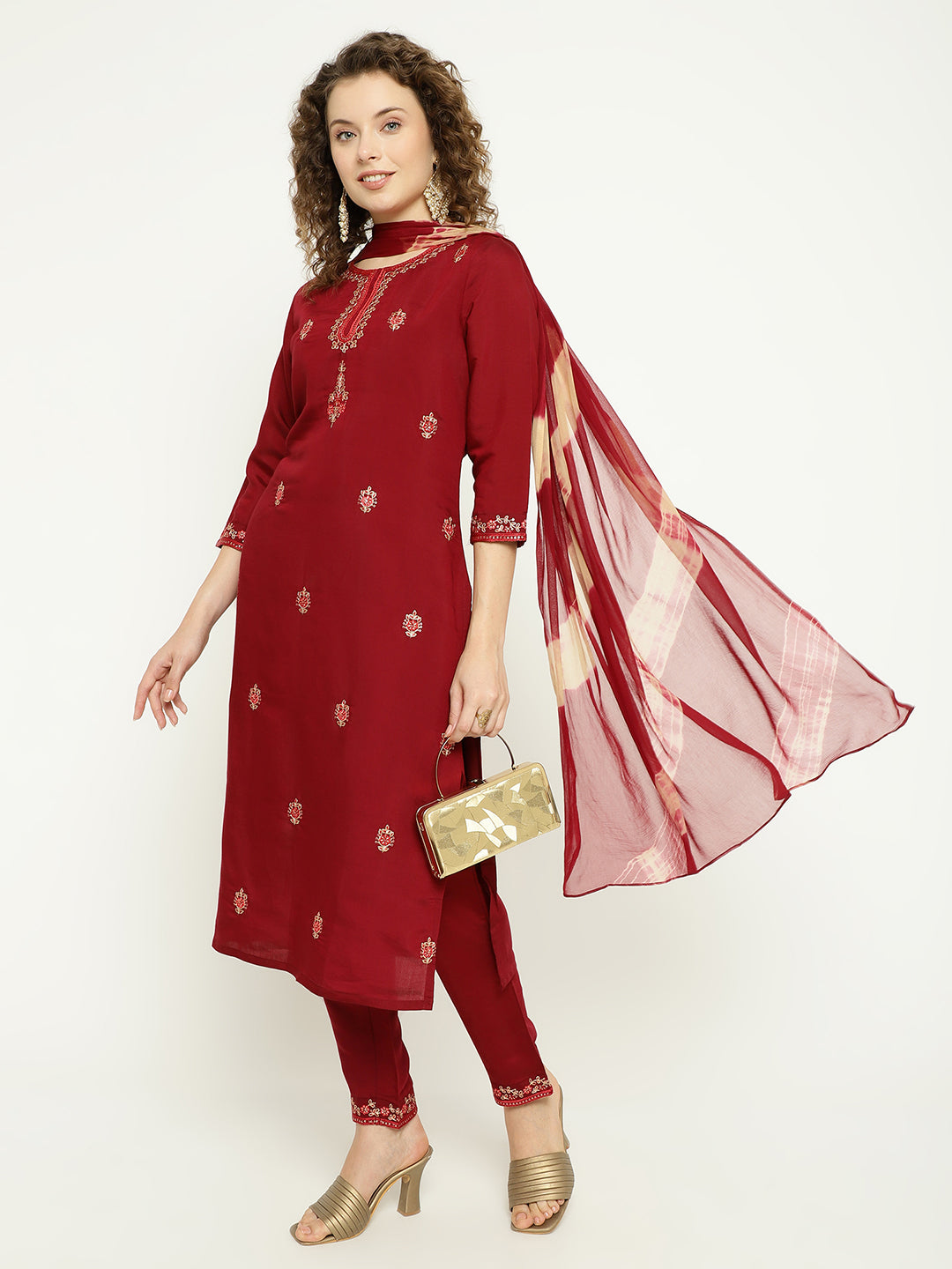 Ruby Red Art Silk Embroidered Kurta Pant Set with  Dupatta