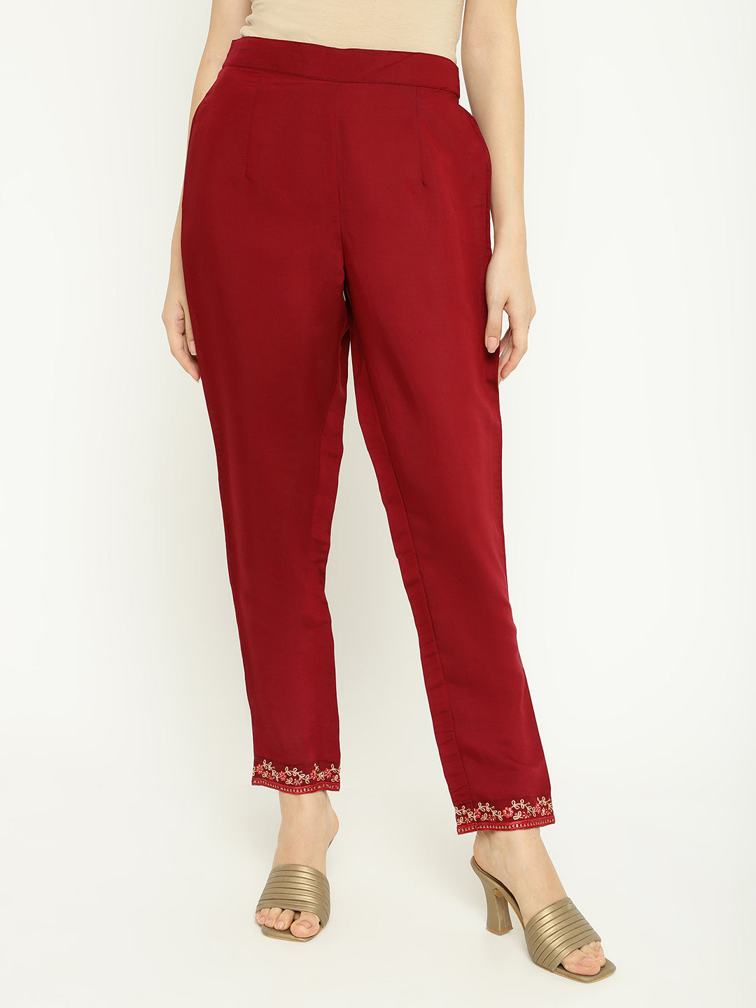 Ruby Red Art Silk Embroidered Kurta Pant Set with  Dupatta