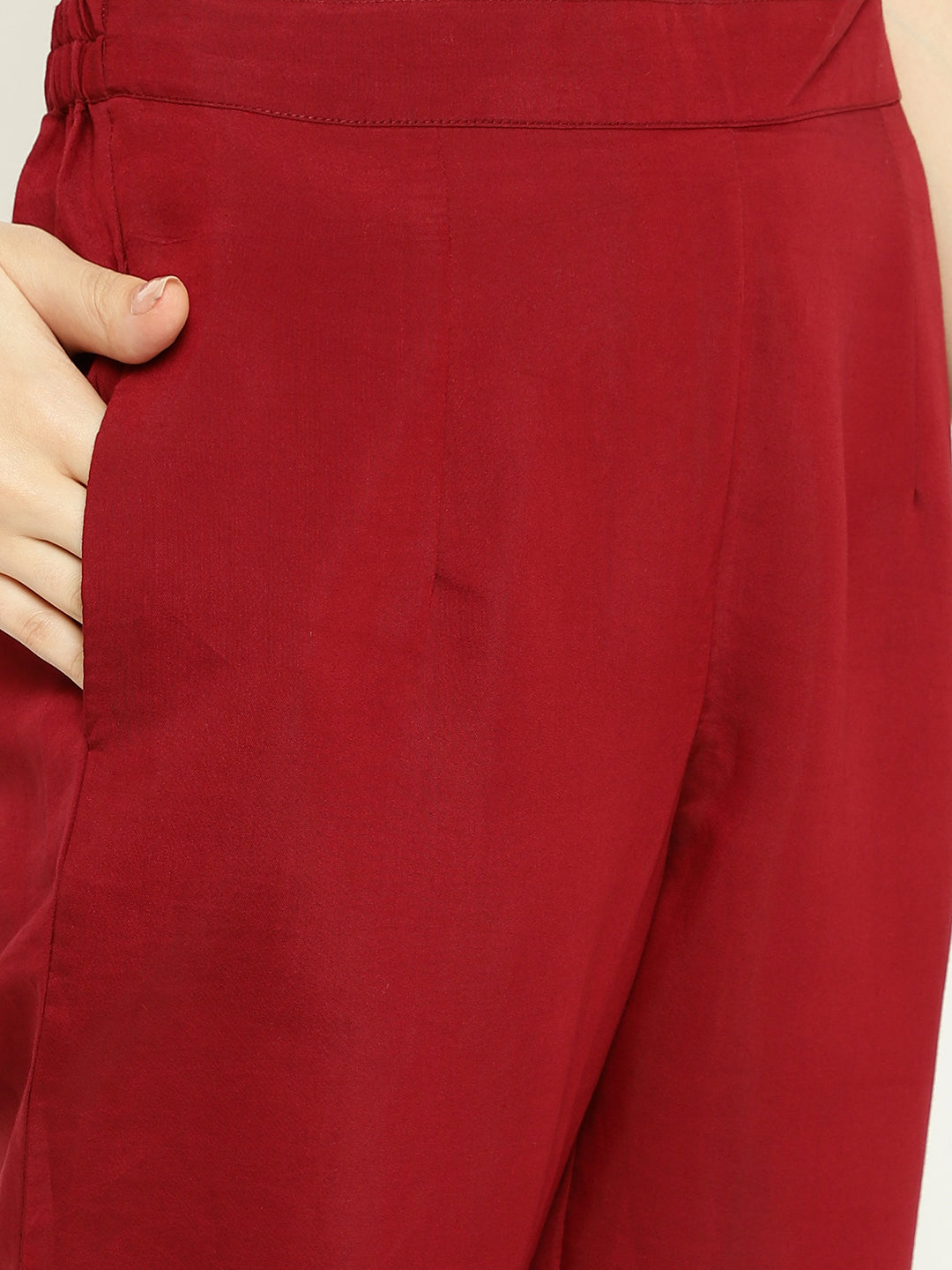 Ruby Red Art Silk Embroidered Kurta Pant Set with  Dupatta