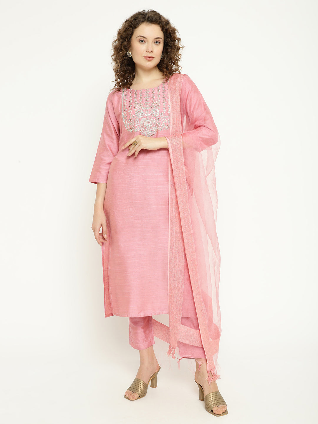 Pink Magic Cotton Embroidered Kurta Pant Set with Organza Dupatta