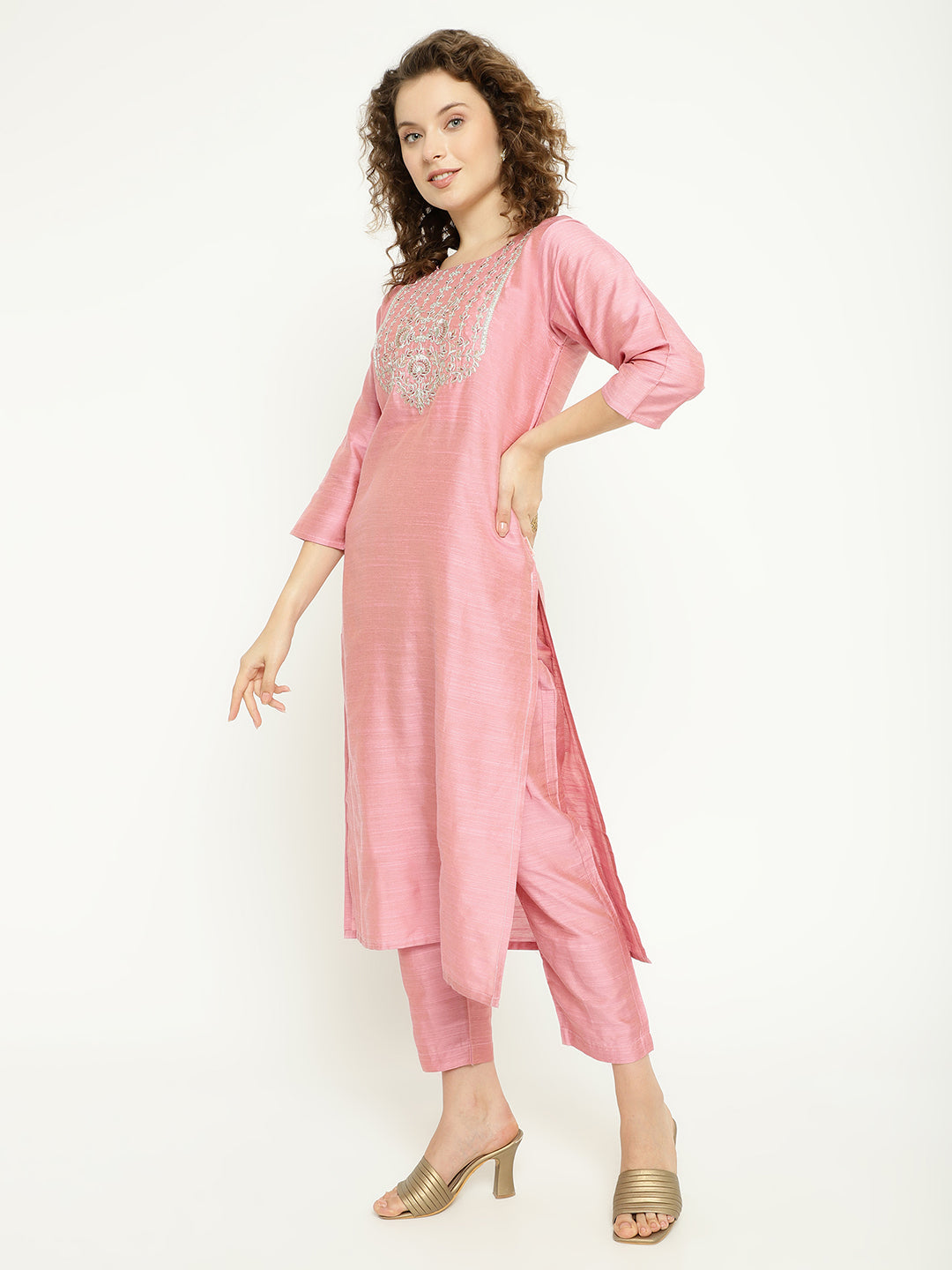 Pink Magic Cotton Embroidered Kurta Pant Set with Organza Dupatta