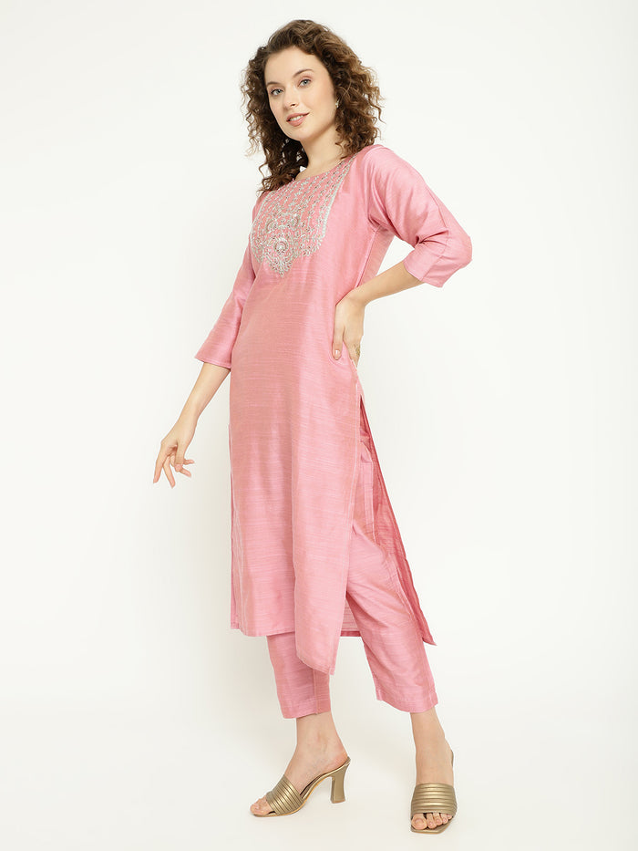 Pink Magic Cotton Embroidered Kurta Pant Set with Organza Dupatta