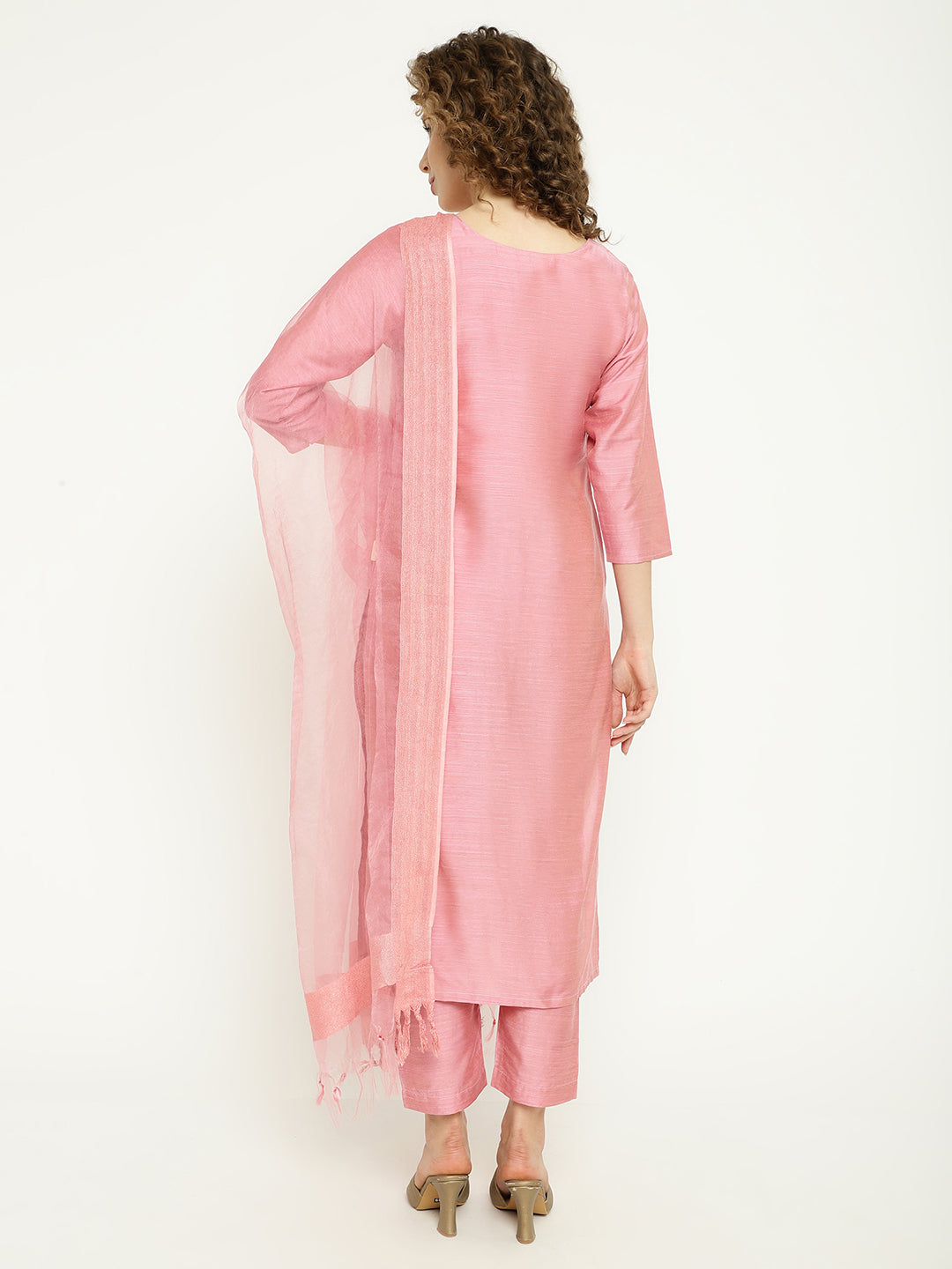 Pink Magic Cotton Embroidered Kurta Pant Set with Organza Dupatta