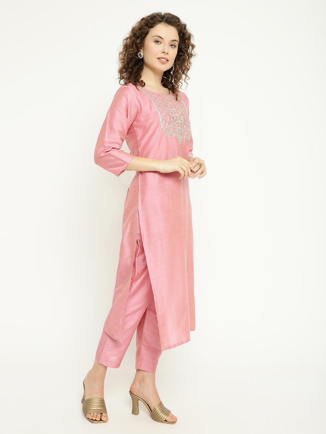 Pink Magic Cotton Embroidered Kurta Pant Set with Organza Dupatta